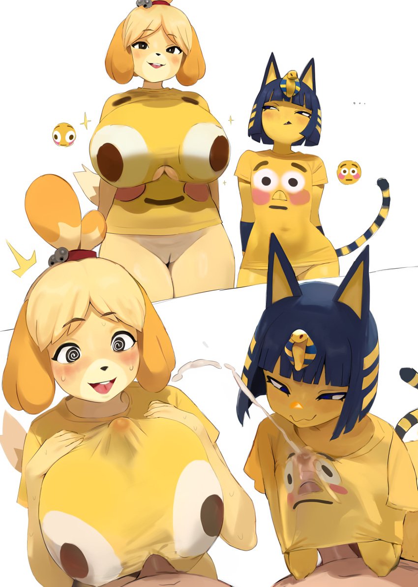 2boys 2girls animal_crossing ankha ankha_(animal_crossing) anthro big_breasts biped blue_hair blush blush_emoticon bottomless breast_play breasts breasts_size_difference canid canine canis clothed clothing cum cum_through_clothes domestic_cat domestic_dog duo ejaculation erection felid feline felis female flat_chest fur genitals gigantic_breasts hair handjob_under_clothes hi_res isabelle_(animal_crossing) mammal meme_clothing nintendo paizuri paizuri_under_clothes penis pussy sex smewed smile spiral_eyes teeth titjob tongue yellow_body yellow_fur