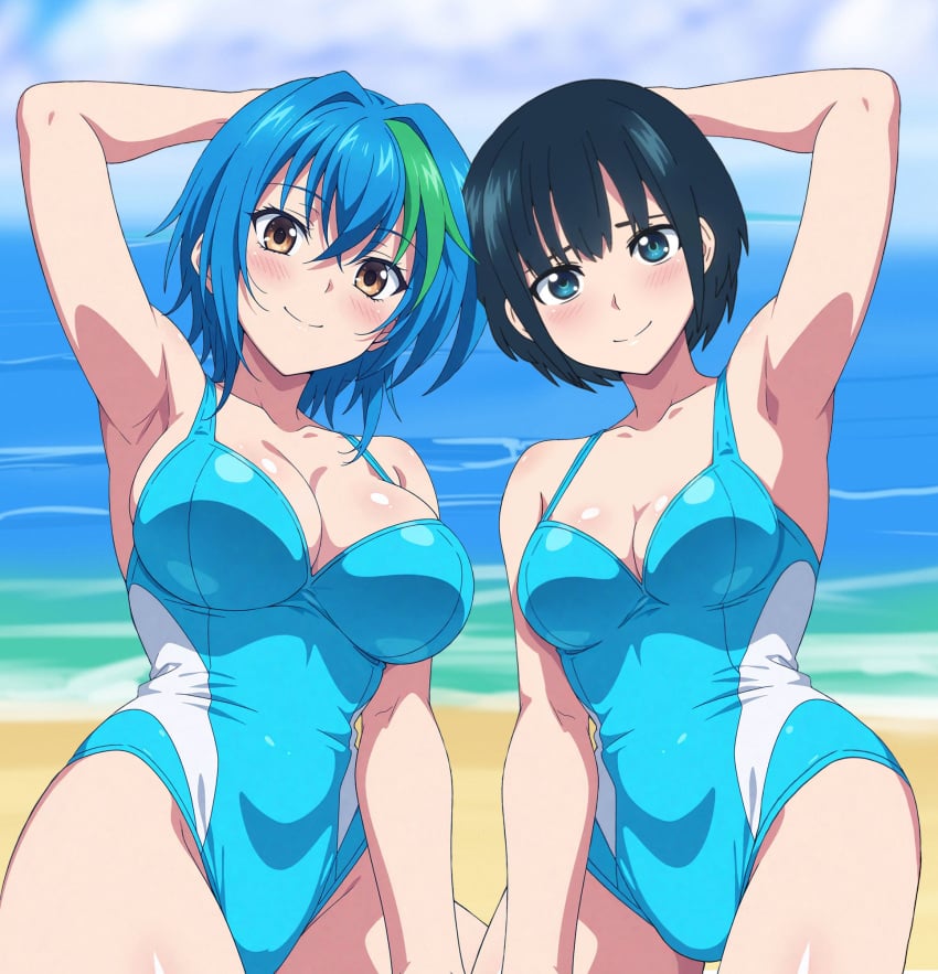 2girls armpits artist_request bare_legs bare_shoulders beach blue_hair cleavage collarbone high_school_dxd large_breasts looking_at_viewer looking_down medium_breasts one_piece_swimsuit short_hair standing xenovia_quarta