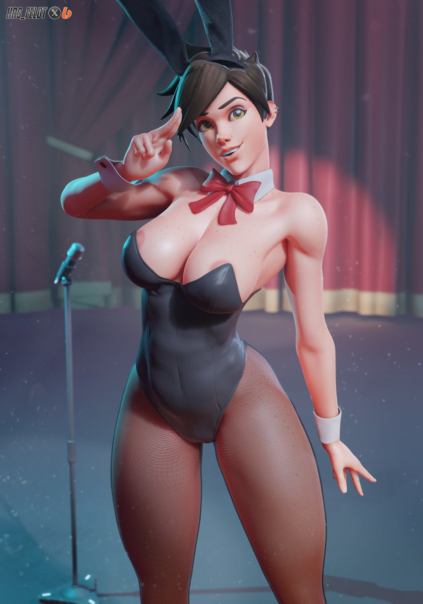 1girls 3d athletic_female big_breasts blizzard_entertainment breasts bunny_ears bunnysuit cleavage cute female full_color hasfeldt hi_res light-skinned_female nipples no_penetration overwatch overwatch_2 seductive short_hair smile solo solo_female tracer