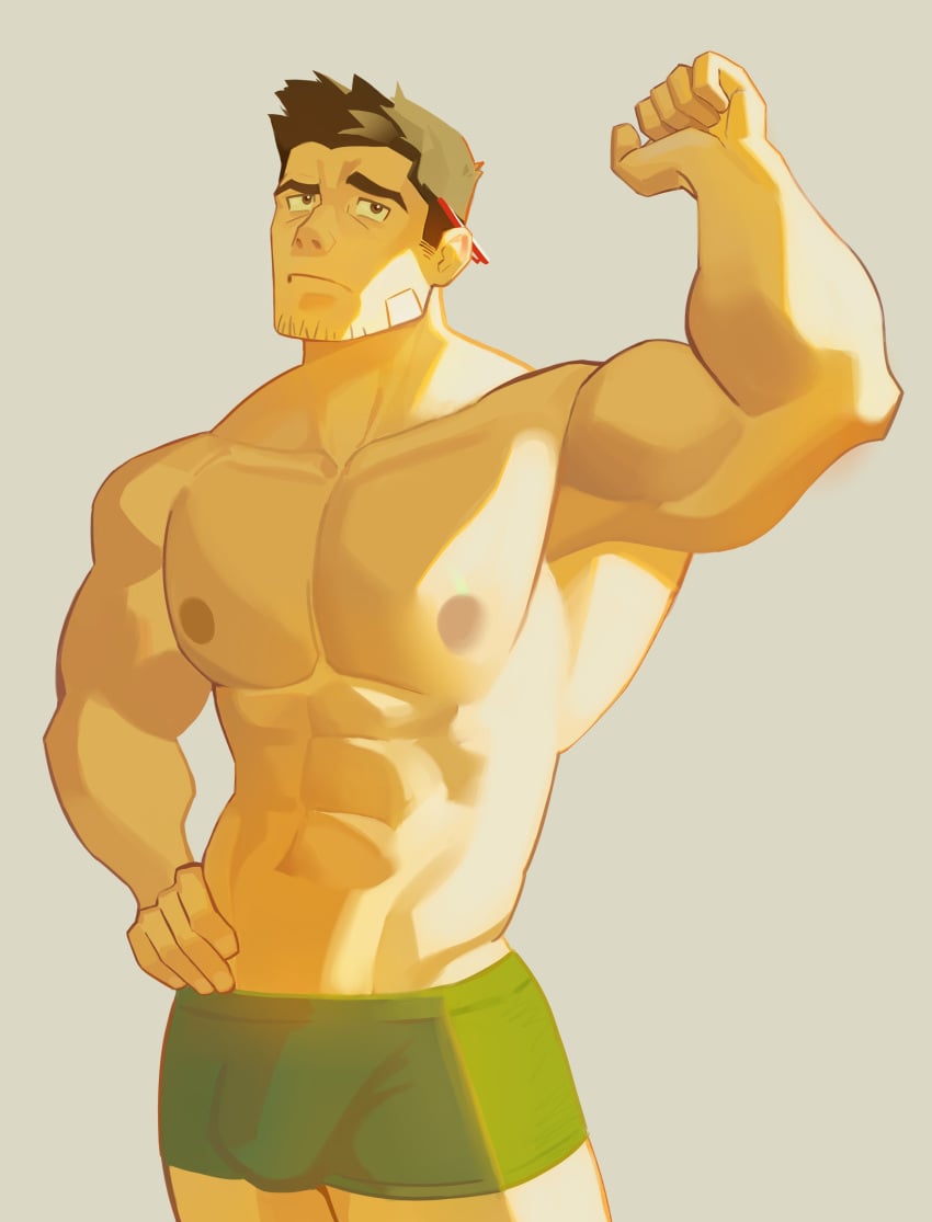 1boy abs anoko_nai arm_up bara biceps bulge dick_gumshoe green_underwear gyakuten_saiban hand_on_hip hi_res male male_focus male_only muscular muscular_arms muscular_male pecs pectorals shirtless short_hair simple_background solo solo_male standing topless topless_male underwear