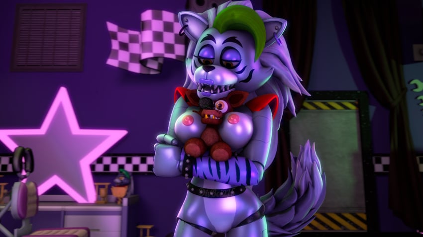 3d 4k disboi215 ear_piercing earrings five_nights_at_freddy's five_nights_at_freddy's:_security_breach fnaf foxy_(fnaf) green_hair grey_body highres horny_expression horny_face horny_female object_between_breasts pink_nipples plush plushie purple_lipstick red_shoulder_pads roxanne_wolf_(fnaf) sfm shoulder_pads silver_body silver_hair source_filmmaker spiked_bracelet wholesome wolf wolf_ears wolf_girl wolf_tail yellow_eyes