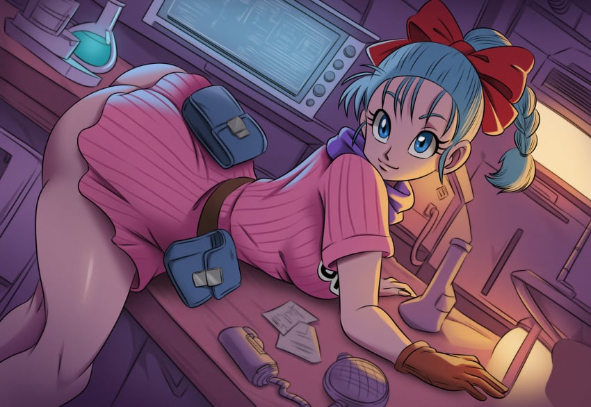 ai_generated angry ass big_ass big_breasts blue_hair bulma_briefs dragon_ball gadgets huge_breasts looking_at_viewer mullon novelai smile solo thick_thighs workshop