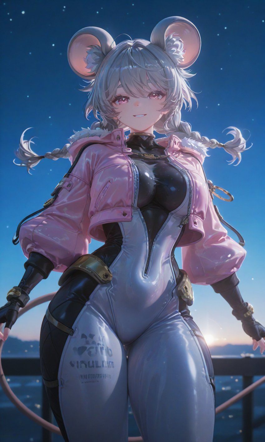 ai_generated anthro big_breasts bodysuit chronoai furry grey_hair hourglass_figure humanoid jacket large_breasts lumi_(wuthering_waves) mouse mouse_ears mouse_girl mouse_tail night night_sky perfect_body pink_jacket slim_waist small_waist smile smiling star thick thick_legs thick_thighs thighs twin_braids wuthering_waves