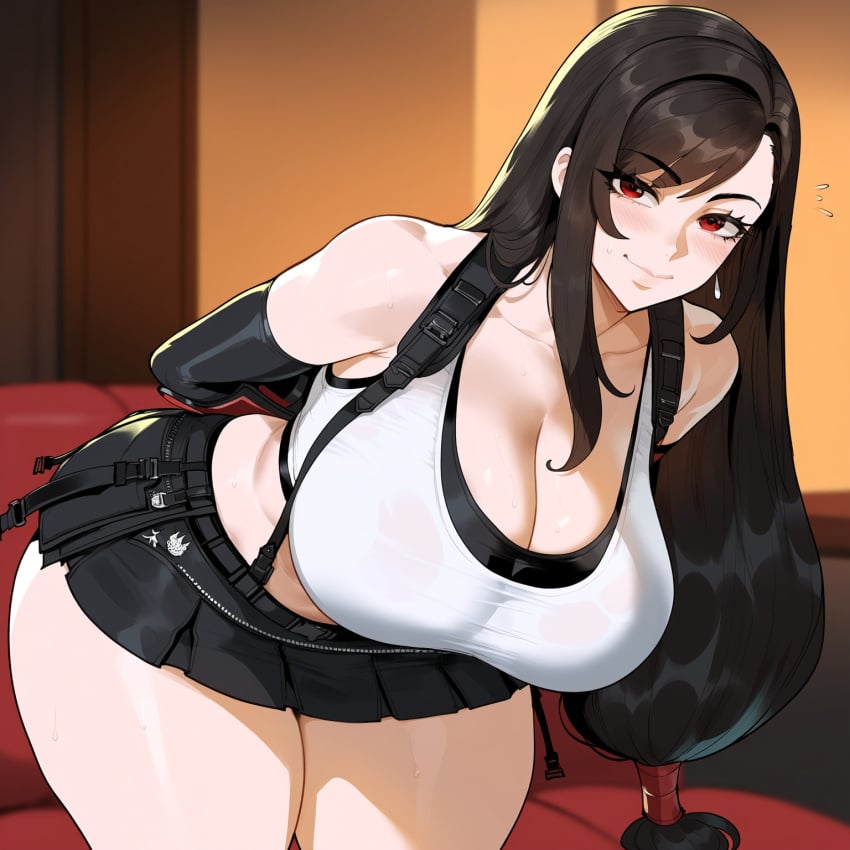 1girls ai_generated big_breasts black_hair breasts female female_focus final_fantasy final_fantasy_vii huge_breasts large_breasts leaning_forward long_hair mature_female nipples_visible_through_clothing red_eyes thick_thighs thighs tifa_lockhart