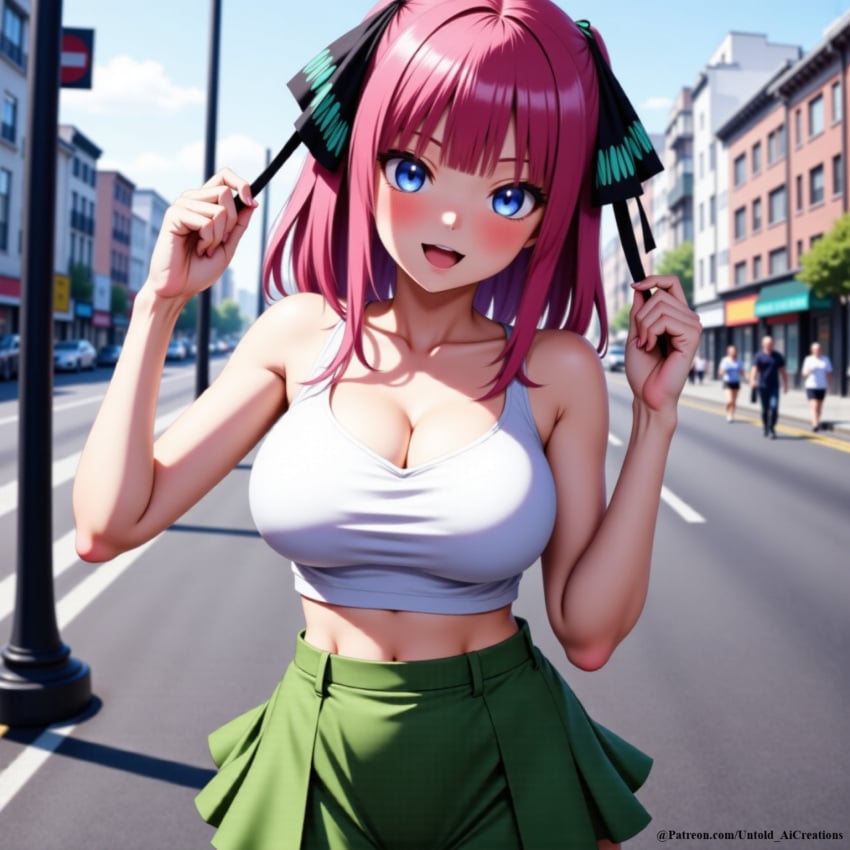 1girls ai_generated cleavage clothing female female_only fully_clothed go-toubun_no_hanayome light_skin nakano_nino no_sex not_porn pink_hair public safe short_hair skirt untoldaicreations untoldcreate