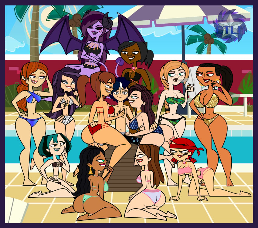 12girls 1boy 2021 6+girls artist_logo astralbtlm azmelith_gomory bathing_suit big_breasts bikini bikini_only brandy_(dina) breasts choker cigarette cigarette_smoke commando_zoey dark-skinned_female dark_skin demon demon_girl demon_horns demon_tail demon_wings destiny_elite earrings english english_text female female_focus fiona_(gaby) gray_butler gwen_(tdi) harem hoop_earrings hoop_earrings_oversized jasmine_(tdi) kiraz_violette light-skinned_female light-skinned_male light_skin male male_focus medium_breasts mostly_nude nude original original_character ponytail purple-skinned_female purple_hair_female purple_skin succubus succubus_horns succubus_tail succubus_wings swimsuit swimsuit_only text total_drama:_pahkitew_island total_drama:_revenge_of_the_island total_drama_(series) total_drama_island zinerva_condello zoey_(tdi)