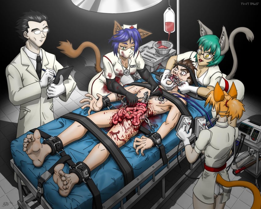 2boys 3girls blood bondage bound clothing defibrillator dentist doctor elbow_gloves female furry glasses gloves gore human latex_gloves medical multiple_girls nightmare_fuel nude nurse pain scalpel surgeon surgery torture what