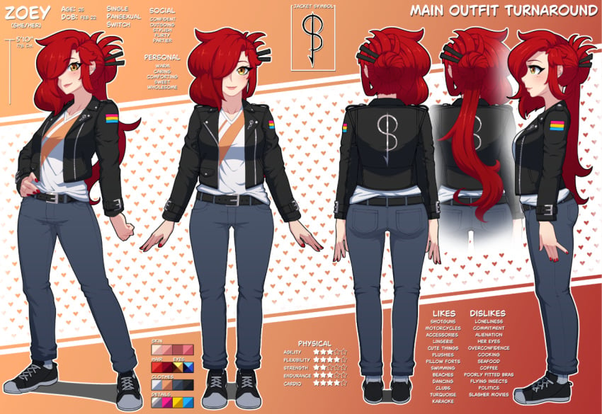 bangs bangs_over_one_eye belt black_jacket blue_jeans character_age character_bio character_birthday character_height character_profile character_sheet clothed color_palette hair_bun hair_ornament jeans leather_jacket red_hair red_nails shoes trevobutevil white_shirt zoey_(trevobutevil)