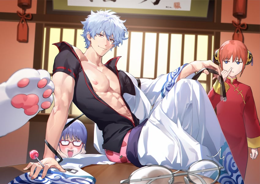 1boy 2girls abs blush boxers detailed_background female female_pervert gintama gintoki_sakata glasses indoors japanese_clothes kagura_(gintama) kimono lollipop looking_at_viewer machine36530809 male male_focus muscular muscular_male open_shirt pecs red_eyes sadaharu sarutobi_ayame silver_hair smile smirk strawberry_print striptease underwear undressing white_hair