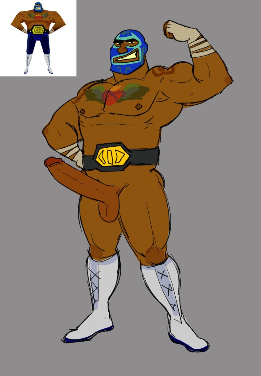 bara boots dark-skinned_male flexing gay guacamelee juan_aguacate lucha_libre_mask luchador luchador_mask male mask muscles muscular muscular_arms muscular_male only red_robot smiling solo tattoo wrestler