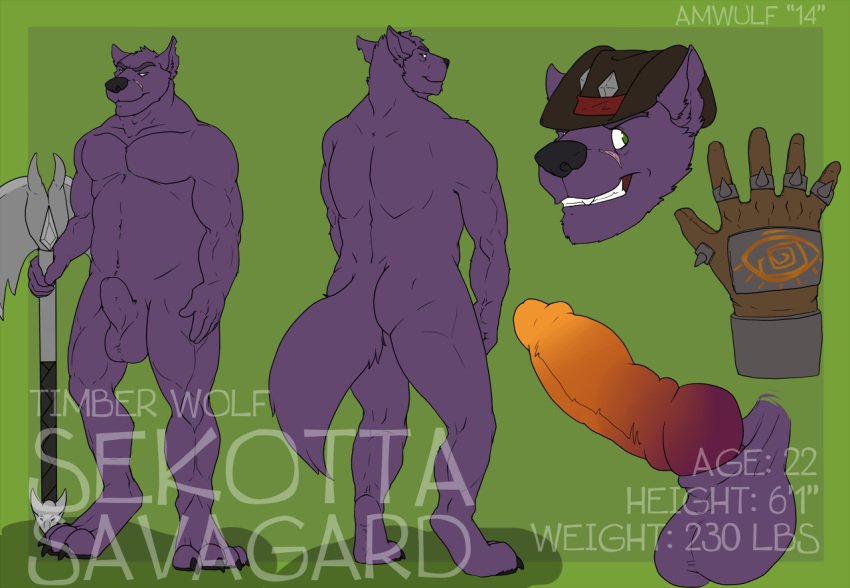 amwulf anthro axe battle canine cowboy erection fur furry green_background knot looking_at_viewer male male_only mammal muscles penis plain_background purple_fur sekotta sheath solo weapon wolf