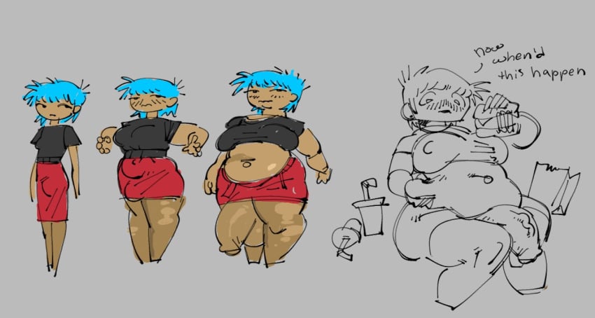 1futa blankate blue_hair bulge_through_clothing bulge_under_clothes bulging_belly cheeseburger chubby fast_food feedee feederism grey_background inflation piercing ripped_pantyhose sequence soda soda_cup stuffing tummy