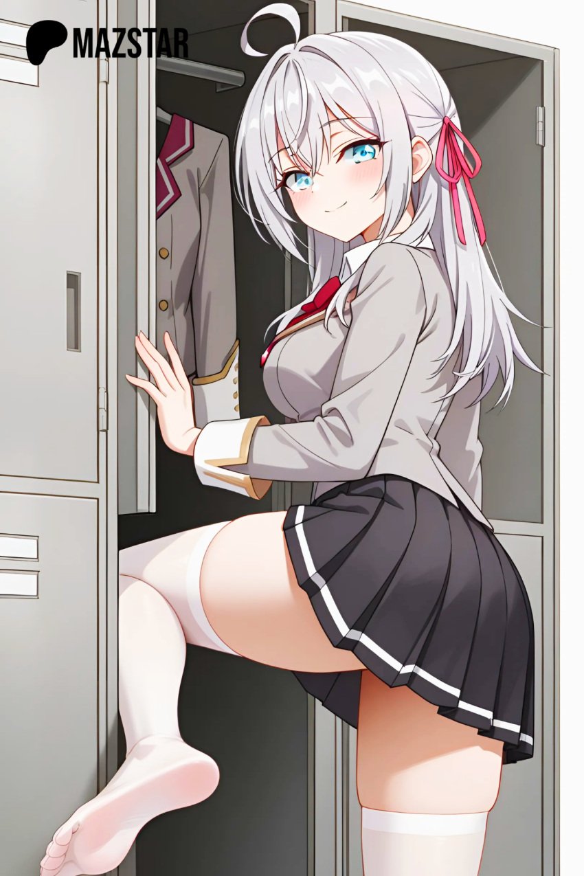 alisa_mikhailovna_kujou blue_eyes blue_eyes_female grey_hair horny horny_female locker_room looking_back mazstar pink_ribbon russian school school_uniform schoolgirl schoolgirl_uniform tagme tagme_(character) teasing tokidoki_bosotto_russian_de_dereru_tonari_no_alya-san white_hair