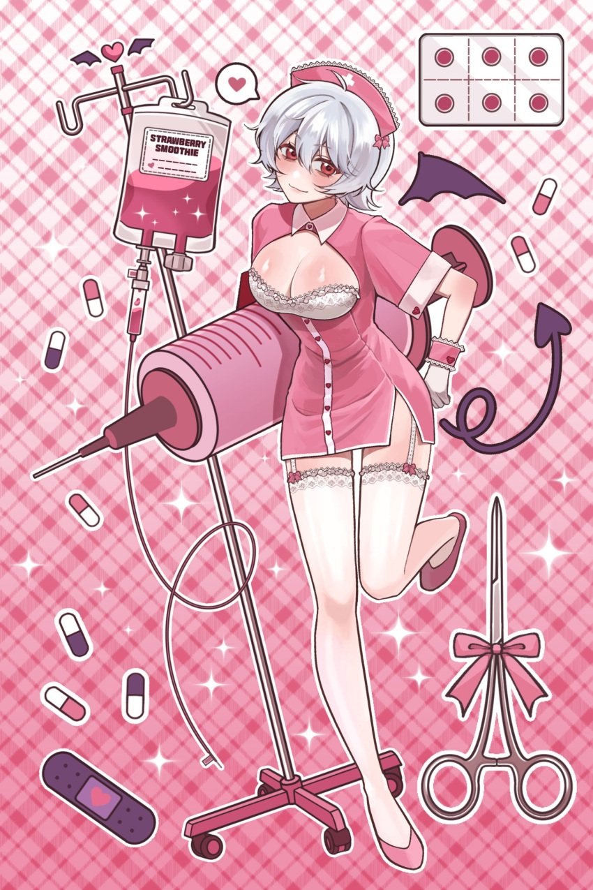 alternate_costume blush cleavage female_only full_body fully_clothed garter_straps ginko_sakata gintama gintoki_sakata gloves lace-trimmed_thighhighs medium_breasts momocora701 nurse nurse_cap nurse_uniform pink_background red_eyes rule_63 shiny_skin short_dress short_hair smile solo standing stockings syringe thighhighs white_hair white_legwear white_thighhighs