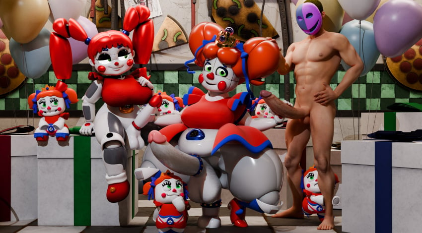 animatronic baby_(fnafsl) balloon balloons balls ballsack big_balls big_cock big_cocks blue_stockings bow bow_in_hair bow_ribbon box boxes checkered_floor circus_baby circus_baby_(fnaf) circus_queen_(justaperson) clown clown_girl cock cock_ring cross-eyed crown dickgirl dildo dildo_in_pussy double_handjob five_nights_at_freddy's five_nights_at_freddy's:_sister_location futa_on_futa futa_penetrated futanari ginger ginger_hair green_eyes green_eyes_female huge_balls huge_cocks jerking_off_another jerkingoff jerkingoff_another jerkingoff_together jordevoir male/futa male/futa/futa male/futanari mask masked masked_(justaperson) masked_male orange_hair pizza plush plush_baby plush_princess_(justaperson) plushie plushophillia presents princess red_hair robot robot_girl royal royalty ruffled_skirt ruffled_sleeves ruffles sex sex_toy sextoy shirt sister_location skirt smirk smirking squatting squatting_on_dildo stockings testicles thick thick_thighsgreen_eyes thong tiara white_body white_skin white_skin_(monochrome)