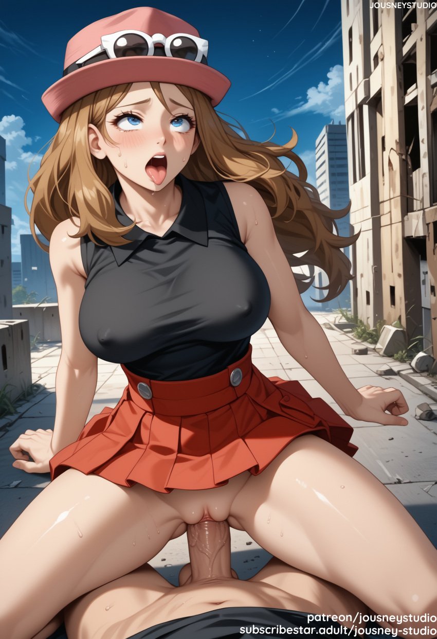 1boy ahe_gao ai_generated bangs bare_arms bare_shoulders black_shirt blonde_hair blue_eyes blush breasts brown_hair building clothed_sex clothing cloud collared_shirt cowgirl_position cowgirl_position day female female hat headwear high-waist_skirt jousneystudio large_breasts long_hair looking_at_viewer male miniskirt nipples on_top open_mouth outdoors penis pink_headwear pleated_skirt pokemon pokemon_(game) pokemon_character pokemon_x_&_y protagonist_(pokemon) red_skirt saliva serena_(pokemon) sex shirt skirt sky sleeveless sleeveless_shirt solo_focus spread_legs straddling straight sunglasses sweat teeth thighs tongue tongue_out uncensored upper_teeth_only vagina vaginal_penetration veins veiny_penis watermark