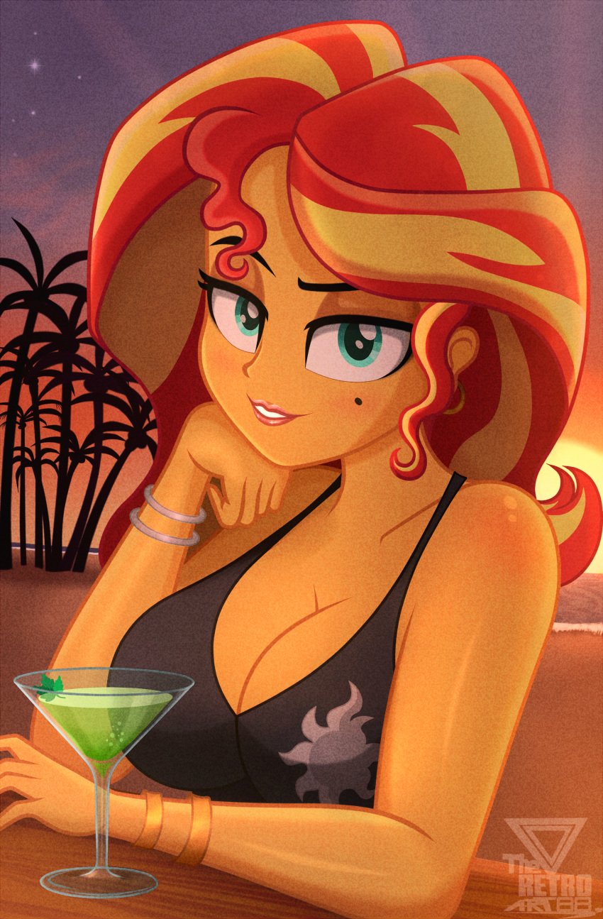 1girls alcohol beach beauty_mark big_breasts bikini breasts cleavage equestria_girls female female_only friendship_is_magic hasbro hi_res highres large_breasts looking_at_viewer martini martini_glass mole my_little_pony palm_tree solo solo_female sunset_shimmer theretroart88