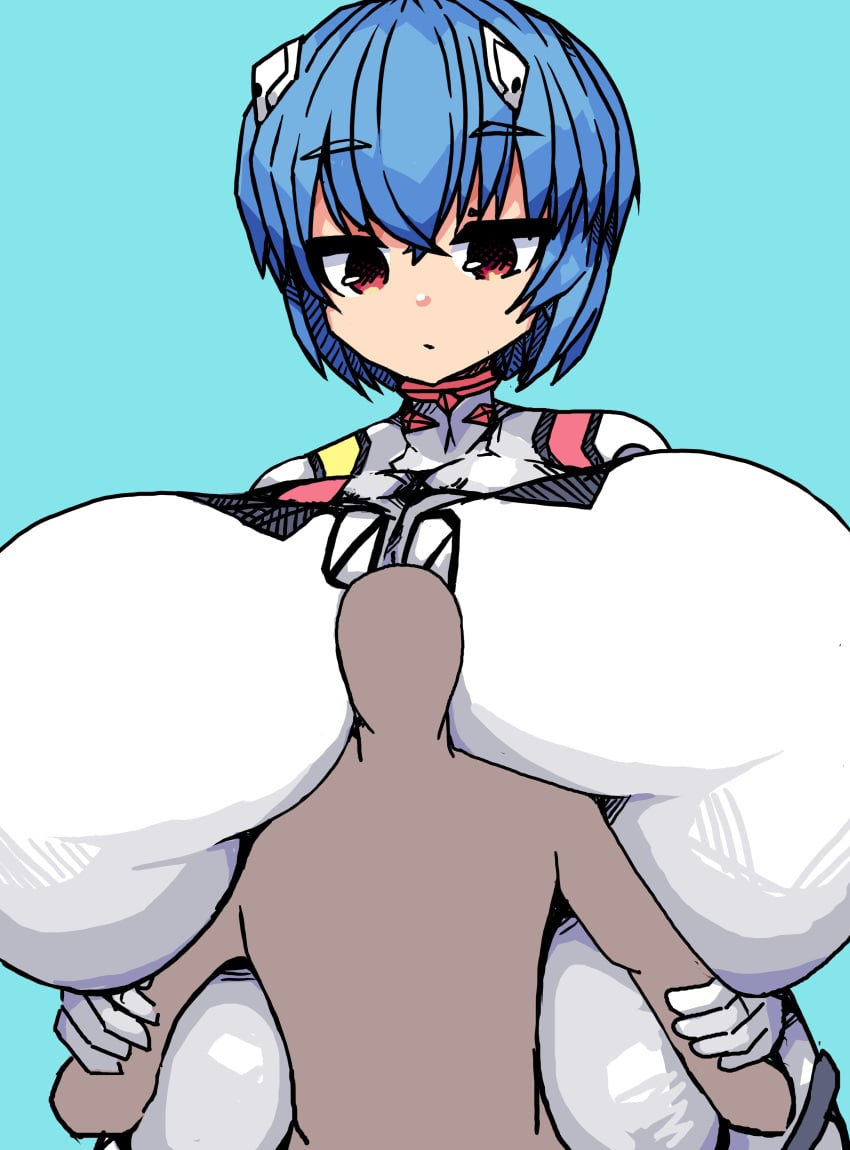 1boy 1girls 2d 2d_(artwork) anime anonymous_male big_breasts blue_hair blue_hair_female breasts clothed clothed_female female_focus giant_female giant_woman giantess gigantic_breasts huge_boobs huge_breasts hyper hyper_breasts large_boobs large_breasts light-skinned_female light_skin manga neon_genesis_evangelion plug_suit plugsuit red_eyes red_eyes_female rei_ayanami short_hair short_hair_female sukoburukurage white_plugsuit