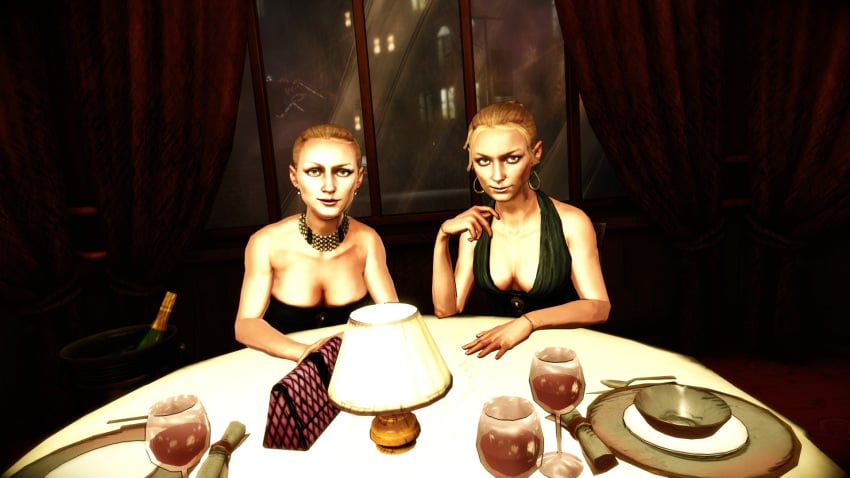 2k_games black_dress blonde_hair breasts digital_extremes_(2k_games) green_dress necklace night_sky restaurant screenshot the_darkness_2_(2007) the_twins_(the_darkness) video_games white_girl