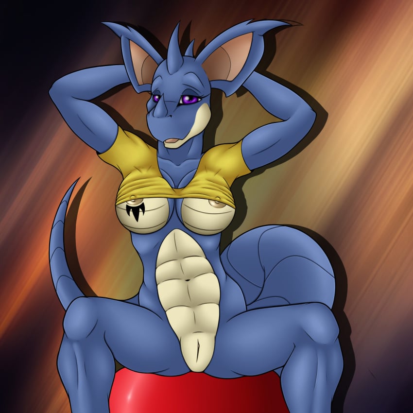 abs anthro areola arms_behind_head blue_skin bottomless breasts clothed clothing female front_pussy half-closed_eyes half-dressed hi_res horn kurtassclear looking_at_viewer nidoqueen nintendo nipples nude open_mouth pokemon pokemon_(species) purple_eyes pussy raised_arm raised_shirt raised_tail scalie shadow shirt sitting smile solo spread_legs spreading tongue video_games