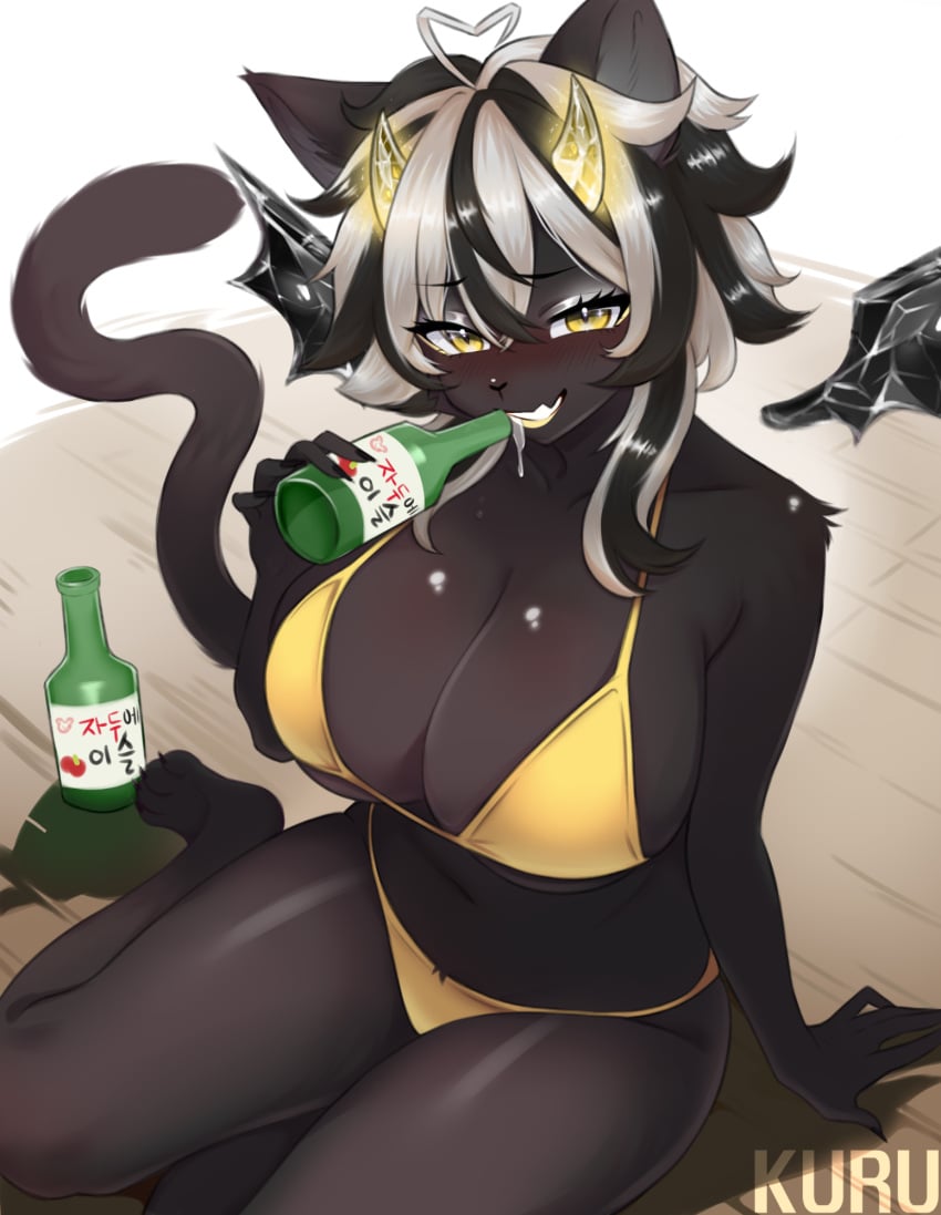 2024 alcohol alcohol_bottle anthro artist_name bedroom_eyes beverage big_breasts bikini black_hair black_nose blush blush_lines bottle breasts cleavage clothed clothing container crystal_(kuru_tyan) digital_drawing_(artwork) digital_media_(artwork) domestic_cat drinking eyebrows eyelashes felid feline felis female glistening glistening_breasts hair hi_res holding_bottle holding_container holding_object horn kuru_tyan looking_at_viewer mammal multicolored_hair narrowed_eyes partially_clothed seductive sitting solo succubus swimwear two-piece_swimsuit two_tone_hair white_hair yellow_bikini yellow_clothing yellow_eyes yellow_swimwear