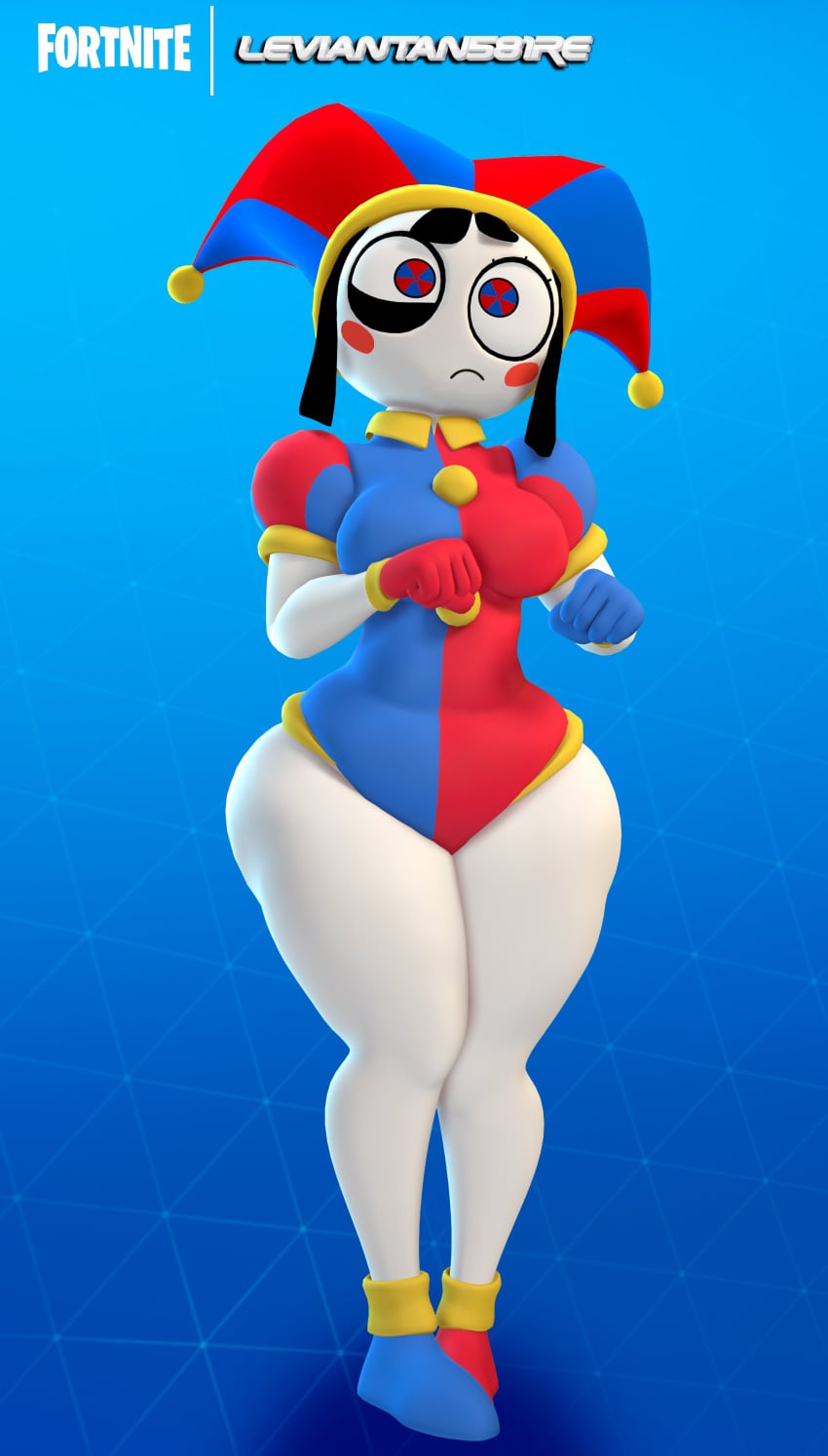 1girls 3d 3d_(artwork) black_hair clothed clothed_female female female_only footwear fortnite frown full_body jester jester_hat jester_outfit leviantan581re pomni_(the_amazing_digital_circus) shoes solo solo_female the_amazing_digital_circus
