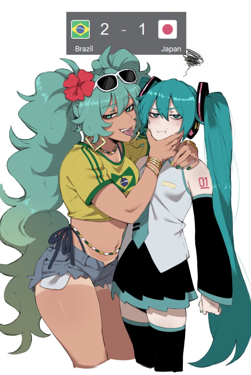 2girls aqua_eyes aqua_hair asian asian_female brazilian brazilian_female brazilian_flag brazilian_miku collar earrings female female_focus female_only hair_ornament hatsune_miku long_hair looking_at_viewer masoq095 pale-skinned_female pale_skin panties sunglasses sunglasses_on_head tagme tan_skin tanned tanned_female tanned_skin tongue tongue_out turquoise_eyes turquoise_hair very_long_hair vocaloid white_background world_cup yuri
