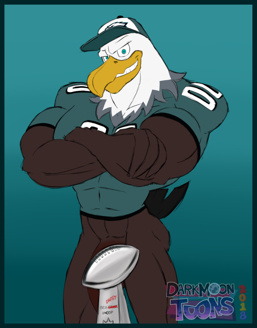 2018 abs american_football avian award big_biceps big_pecs big_penis bird bottomless clothed clothing convenient_censorship darkened_genitals darkmoontoons eagle flaccid green_eyes jersey male male_only muscular muscular_male nfl pecs penis philadelphia_eagles solo sport super_bowl swoop_(philadelphia_eagles) trophy