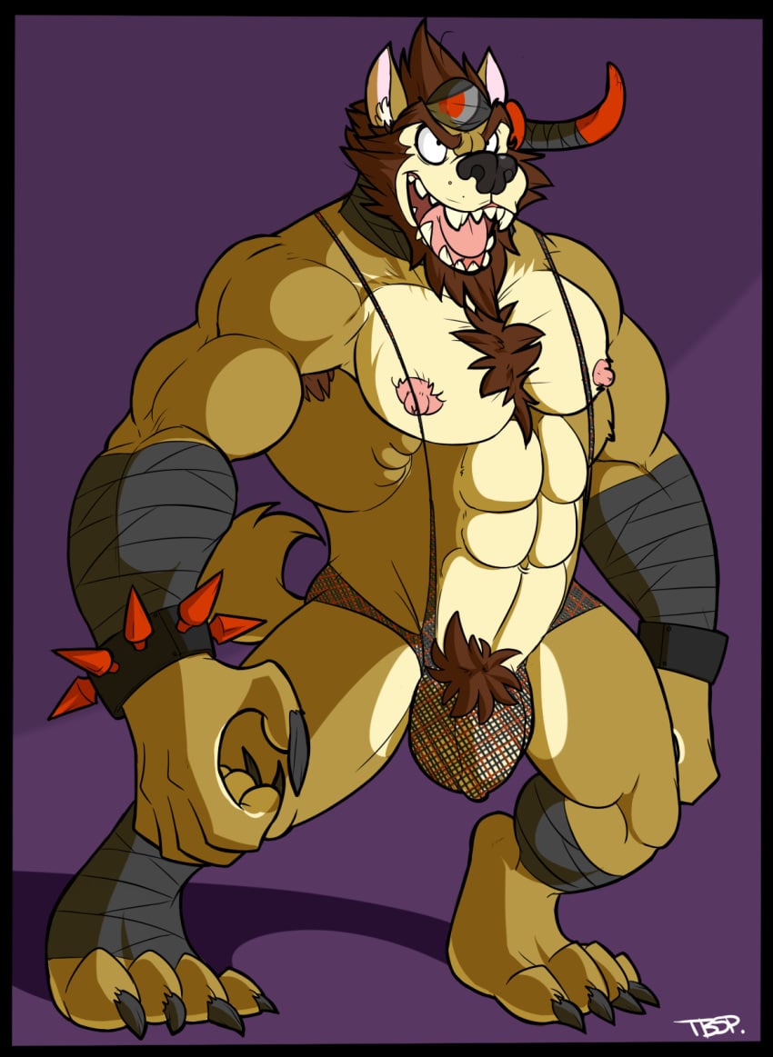 abs alabaster_tablespoon anthro armpit_hair balls bandage biceps big_muscles bracelet brown_hair bulge canine chest_tuft fangs fur furry hair horn husky jewelry male male_only mammal mesh muscles nipples pecs penis plain_background pubes solo spikes suspenders teeth tuft uncut