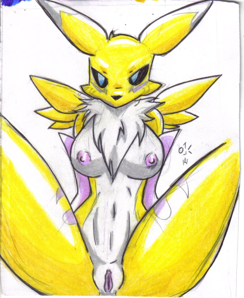 black_sclera blue_eyes breasts chest_tuft digimon facial_markings female fur furry gloves markings nave nipples no_humans obi-kun presenting_pussy pussy renamon spread_legs spreading tuft white_fur