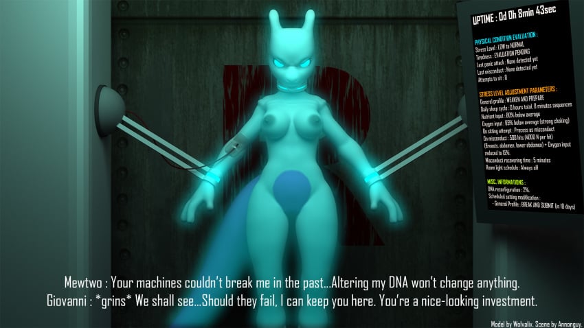 . 2014 3d annonguy breasts dialog female furry giovanni hi_res high_resolution highres mewtwo nintendo nipples no_humans nude pokemon pokemon_(species) pokephilia pose solo text video_games wolvalix