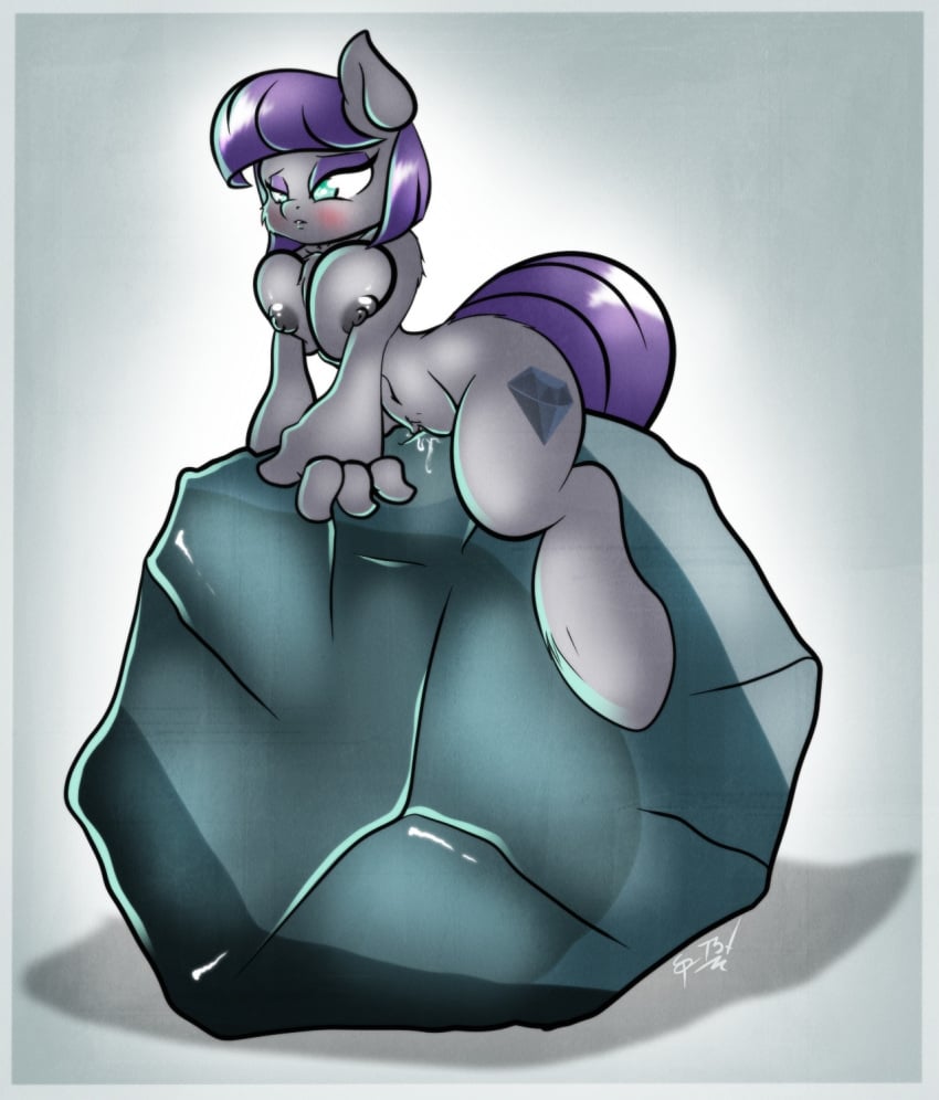 2014 anthro anthrofied blue_eyes blush breasts chest_tuft cutie_mark earth_pony ep777 equine female female_only friendship_is_magic fur grey_fur hair horse mammal maud_pie_(mlp) my_little_pony pony purple_hair pussy pussy_juice rock solo tom_(mlp) tuft what