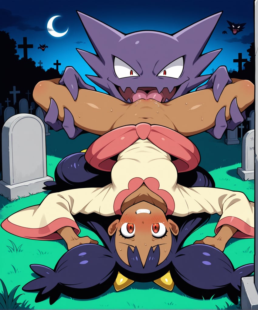 ai_generated cunnilingus dark-skinned_female dark_skin ghost haunter human interspecies iris_(pokemon) pokemon pokemon_(species) purple_hair pussy red_eyes tongue