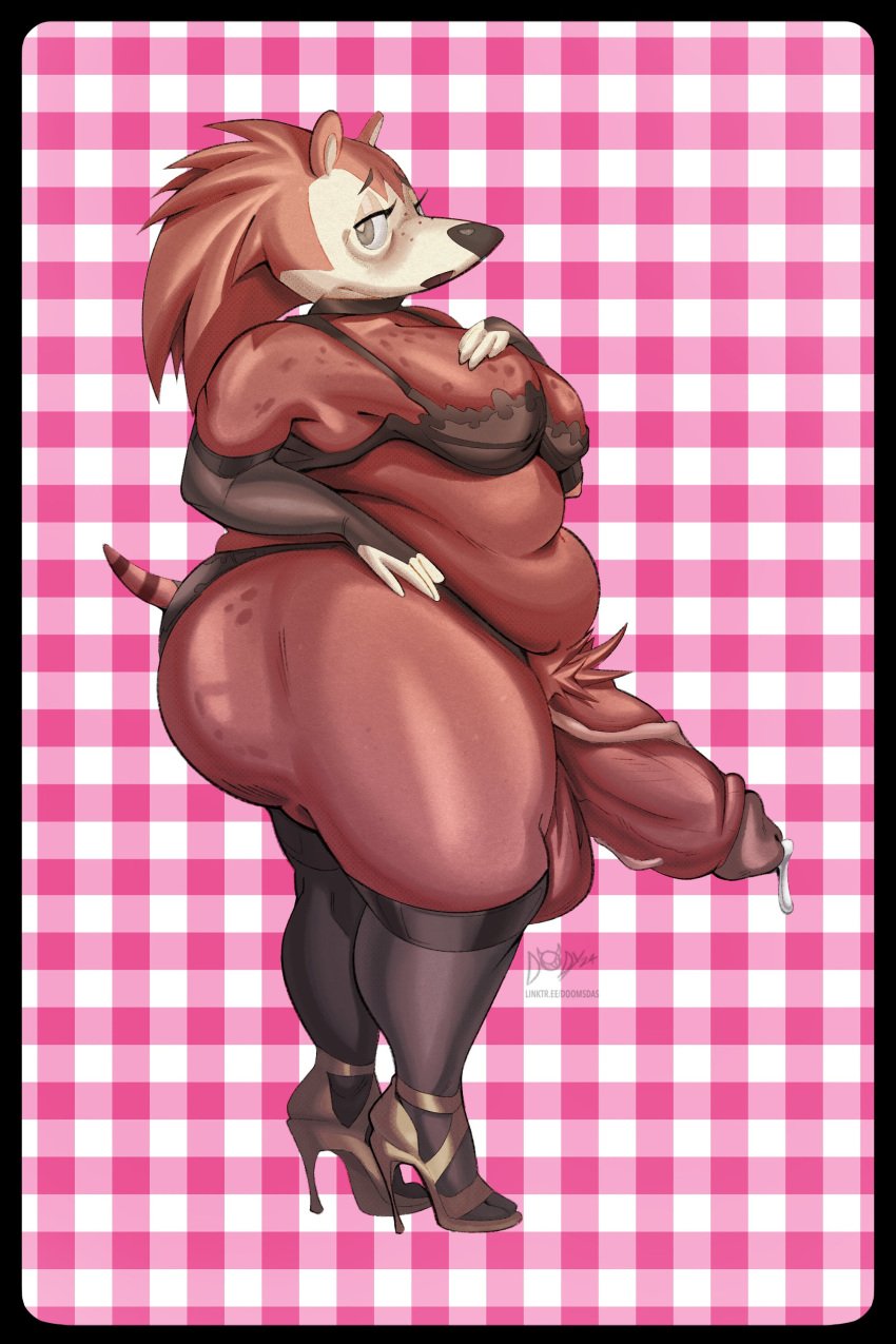 1futa alternate_version_available animal_crossing anthro artist_name artist_signature ass balls ballsack bbw blush breasts brown_eyes brown_fur choker chubby_futanari digital_drawing_(artwork) digital_media_(artwork) doomsday_(doomsday-ent) doomsday_anthro elbow_gloves eulipotyphlan freckles full_body fur furry futa_sans_pussy futanari genital_fluids genitals gingham glans half-closed_eyes hand_on_breast hand_on_hip hedgehog high_heels highres humanoid_penis large_breasts large_penis lingerie looking_at_viewer navel nylons open_mouth overweight partially_clothed pattern_background penis pinup pose precum pubic_hair sable_able sandals shiny_skin shy side_view sideboob solo solo_focus solo_futa stockings tail testicles thick_thighs veiny_penis wide_hips