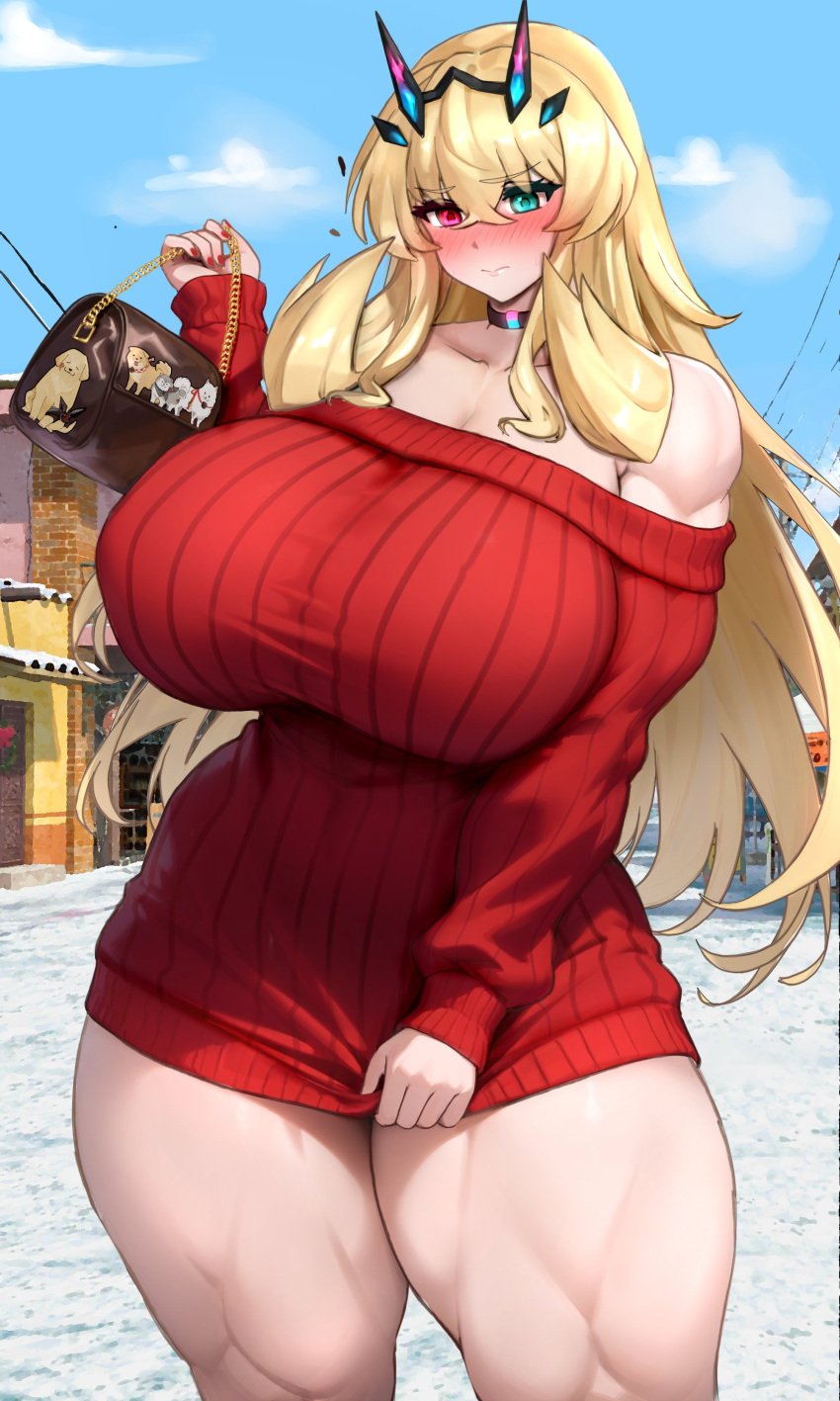 1girls alternate_version_available barghest_(gawain)_(fate) big_breasts blonde_hair breasts fate_(series) female female_only green_eyes hair heterochromia holding_object huge_breasts large_breasts long_hair muscular muscular_female nail_polish nails neckwear purse raskasar red_eyes red_nail_polish red_nails red_sweater solo solo_female sweater sweater_vest thick_thighs thighs thunder_thighs