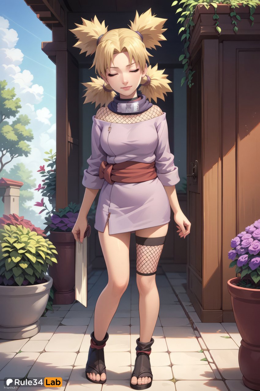 , 1girls ai_generated artist_name blonde_hair blue_sky breasts closed_eyes closed_mouth cloud day fishnets flower full_body hi_res lips medium_breasts naruto naruto_(classic) naruto_(series) naruto_shippuden outdoors plant quad_tails rule34lab sandals sky smile solo standing temari temari(genin) tree twintails