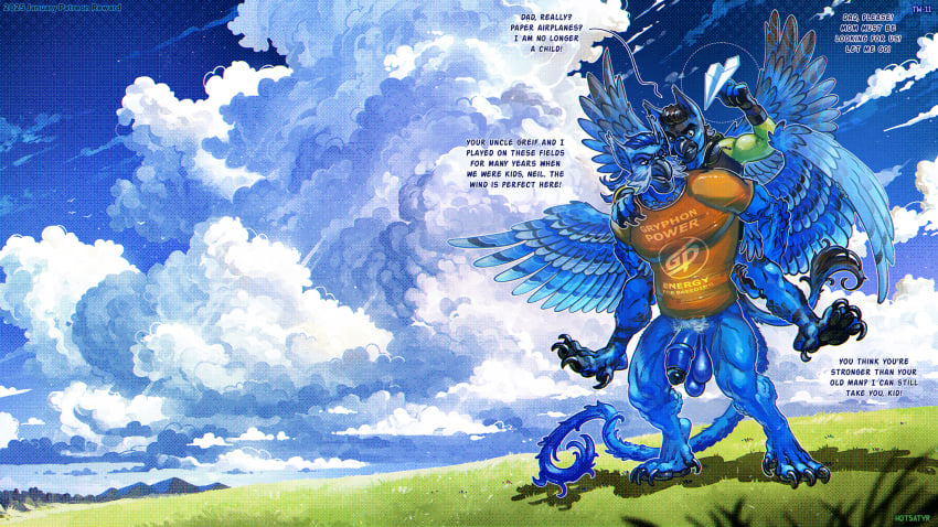 abs angry anthro avian blue_body blue_eyes blue_feathers blue_fur byron_leyclaw carrying_another casual_nudity claws clothing cloud cloudy_sky countryside detailed_background dialogue duo ear_piercing ear_ring ears_up english_text father_(lore) father_and_child_(lore) father_and_son_(lore) feather_hair feather_tuft feathered_wings feathers featureless_crotch finger_claws fur gryphon gryphonpower hair hi_res hotsatyr male male/male mohawk mythological_avian mythological_creature mythology neil_(hotsatyr) nude nude_male open_mouth paper_airplane papercraft parent_(lore) parent_and_child_(lore) parent_and_son_(lore) paws peak pecs piercing piggyback piggyback_postition pseudo_hair pubes pubic_feathers pubic_fuzz public public_nudity ring_piercing shirt sky skyscape smile son_(lore) standing summer sunny t-shirt tail tail_feathers text topwear tuft vein veiny_arms wings