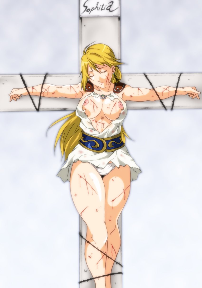 a-ru barbed_wire blonde_hair blood breasts closed_eyes cross crucifixion female female_only guro human injury long_hair milf nipples open_clothes open_shirt shirt solo sophitia_alexandra soul_calibur torn_clothes