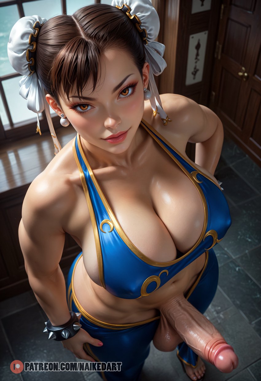 ai_generated big_breasts big_penis chun-li cleavage futa_sans_pussy futanari high-angle_view intersex naikedart solo stable_diffusion street_fighter veiny_penis