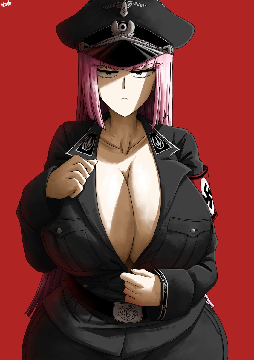 1girls armband artist_name breasts cleavage clothing female huge_breasts large_breasts looking_at_viewer military_uniform nazi pink_hair sakura_kawakami solo visor woomler