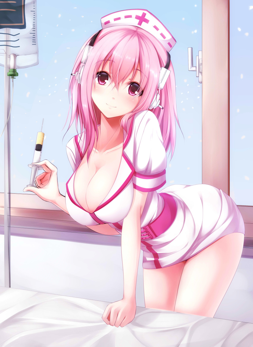 1girls bed_sheet blush breasts cleavage female hat headphones hi_res high_resolution highres large_breasts long_hair looking_at_viewer nicoby nitroplus nurse nurse_cap pink_eyes pink_hair short_hair smile solo super_sonico syringe window