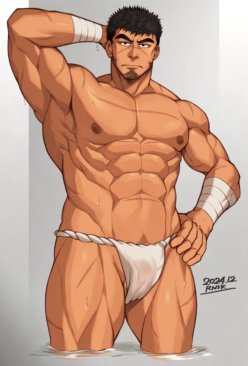 1boy 2024 abs armpits arms_up ass_visible_through_thighs bandage bandaged_arm bara beard_stubble beefy biceps big_areola big_breasts big_bulge black_hair blue_eyes bulge bulge_through_clothing daddy dated dilf frown fundoshi fundoshi_only gay gradient_background grey_background hand_on_hip hands_behind_head hi_res hunk male male_breasts male_only manly mature_male muscles muscular muscular_arms muscular_legs muscular_male muscular_thighs oppai original original_character pecs pubic_hair quadriceps rnsk8931_(rnsk_akatsuki) rokushaku_fundoshi scar scar_on_arm scar_on_chest scar_on_face scar_on_leg scar_on_nose scar_on_stomach scars_all_over shallow_water short_hair sideburns six_pack solo standing standing_in_water thick_arms thick_eyebrows thick_neck thick_thighs topless tough_guy translucent_clothing triceps very_high_resolution wet wet_body wet_fundoshi white_fundoshi yaoi