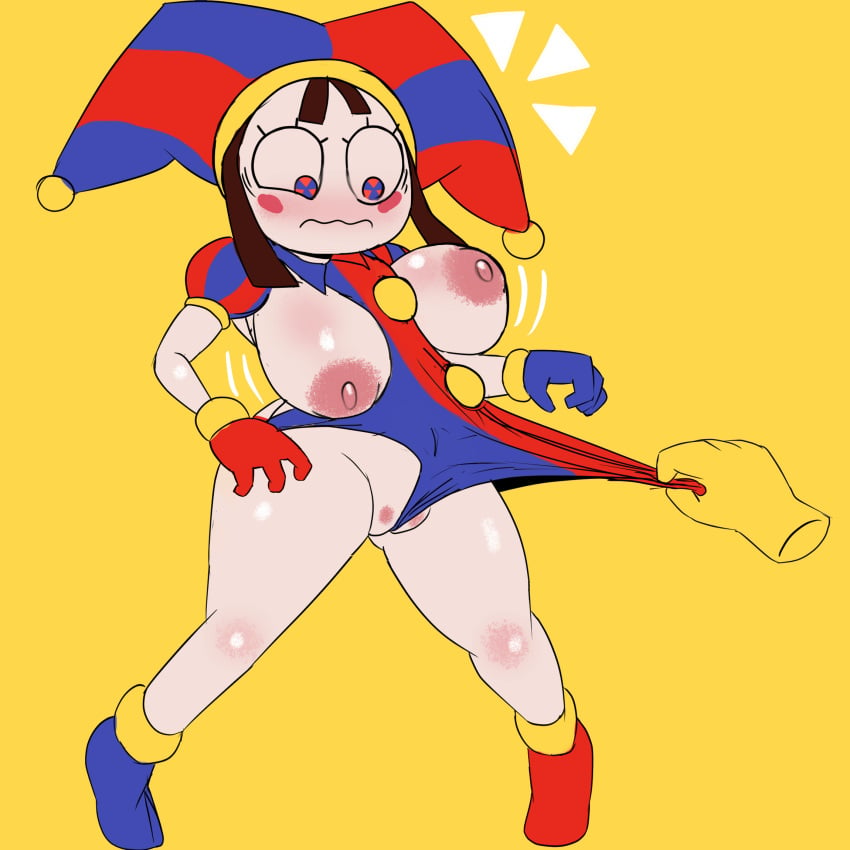 1girls areolae assisted_exposure big_breasts blush bodysuit clown clown_girl darky03 embarrassed hat nipples pomni_(the_amazing_digital_circus) pussy the_amazing_digital_circus