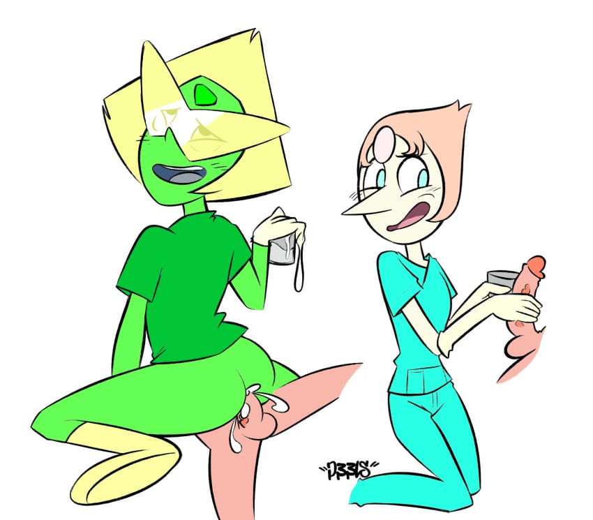 anal_sex beaker blush cumming_from_anal_sex elbow_gloves joshin latex_gloves medical_scrubs milking_handjob nurse pearl_(steven_universe) peridot_(steven_universe) steven_universe