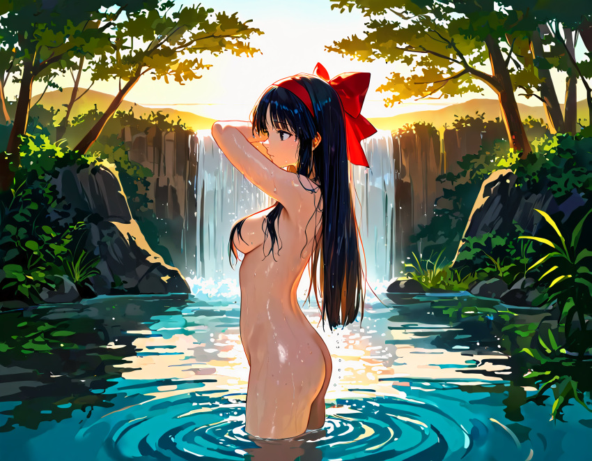 1girls ai ai_generated arm_up armpits arms_behind_head ass big_ass big_breasts blue_eyes blue_hair busty female female_only from_side hair_ribbon half-closed_eyes hi_res highres king_of_fighters large_breasts legs long_hair nakoruru nature nude pose posing samurai_shodown sensual sideboob snk solo thighs voluptuous water wet