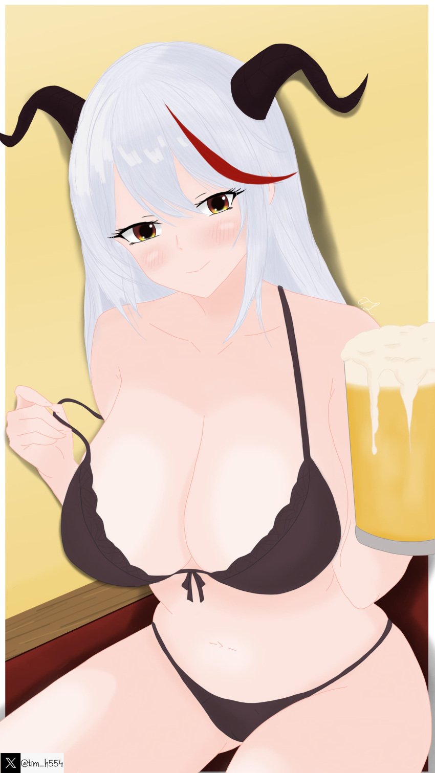 1girls aegir_(azur_lane) azur_lane bed bedroom beer beer_mug bra dragon_girl grey_hair horns inviting iron_blood_(azur_lane) smile tim_heyderich twitter_username underwear white_hair