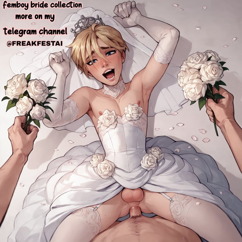 2boys ai_generated anal anal_sex anal_sex armpits balls blonde_hair blonde_hair_male blue_eyes bridal_gauntlets bridal_gloves bridal_veil bride dress femboy flower flowers freakfestai holding_object looking_at_viewer male/male male_focus male_penetrating_male male_pov nipples on_bed open_mouth penis pov pov_eye_contact pov_male sex_toy stockings submissive submissive_male wedding_dress wedding_gloves wedding_night wedding_veil white_dress