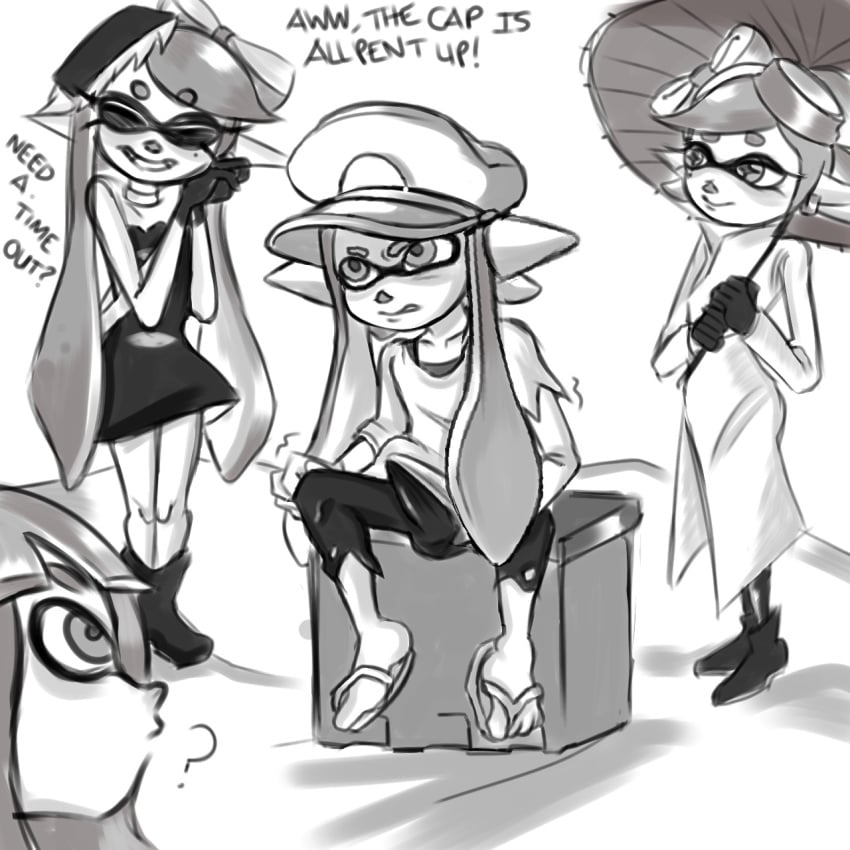 agent_3_(splatoon) agent_3_(splatoon_3) angry boner boner_in_pants callie_(splatoon) captain_(splatoon_3) confused dialogue english_text erection erection_under_clothing female futanari kaori_(splatoon) marie_(splatoon) pent_up shaking splatoon teasing text