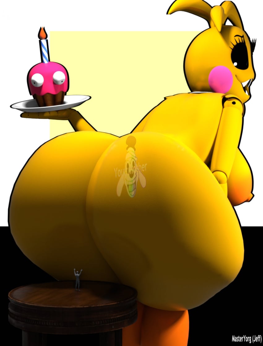 1boy 1girls 3d 3d_(artwork) animatronic_female ass big_ass big_breasts cupcake_(fnaf) fat_ass five_nights_at_freddy's fnaf giantess looking_back masteryorg0 nipples thick_ass thick_thighs toy_chica_(fnaf) toy_chica_(love_taste)