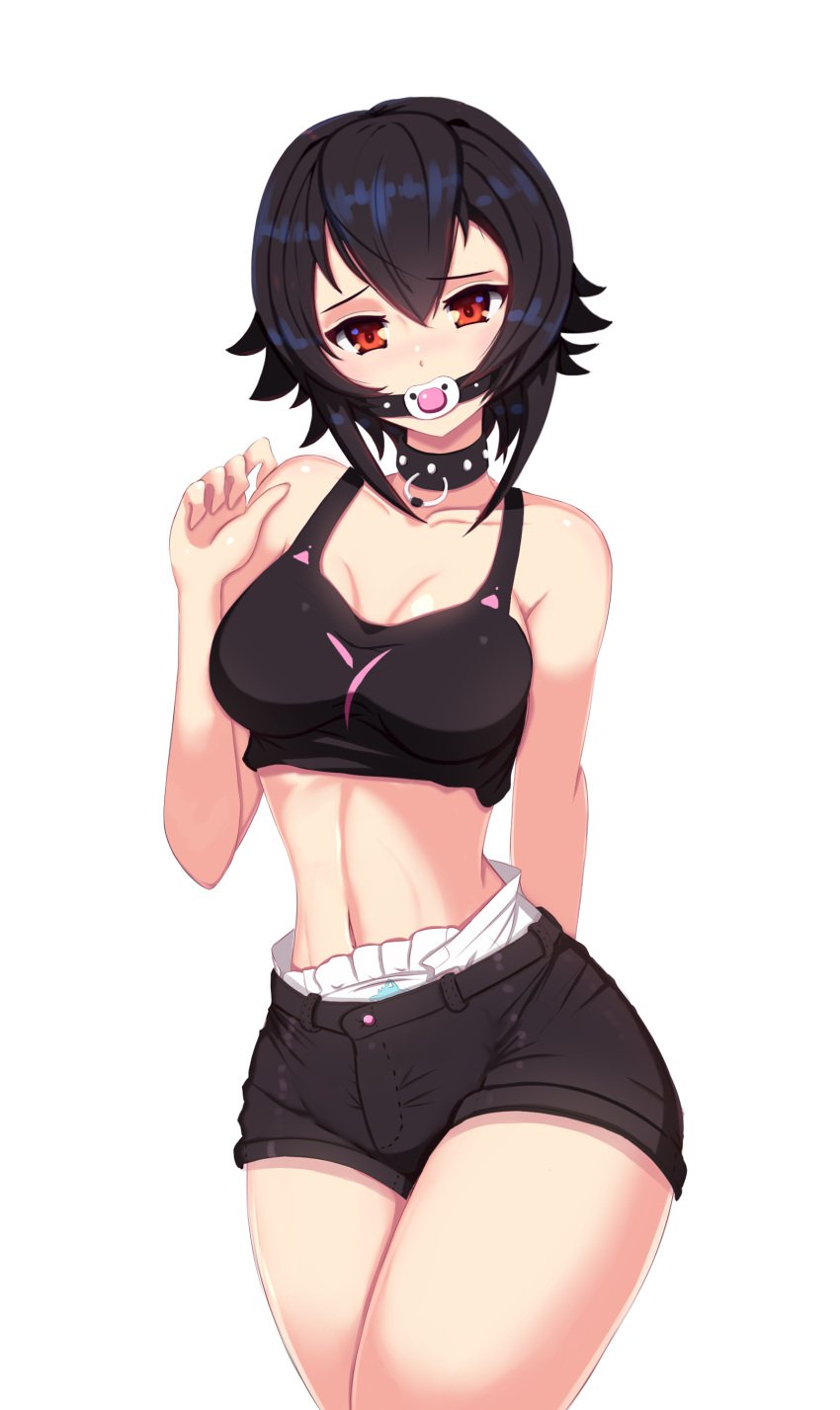 1girls black_crop_top black_hair black_shorts breasts collar crop_top denim_shorts diaper diaper_under_clothing gag gagged game_cg large_breasts lilith-fetish looking_at_viewer midriff navel pacifier pacifier_gag red_eyes short_hair short_shorts shorts sofia's_secret spiked_collar yuhi_(sofia's_secret)